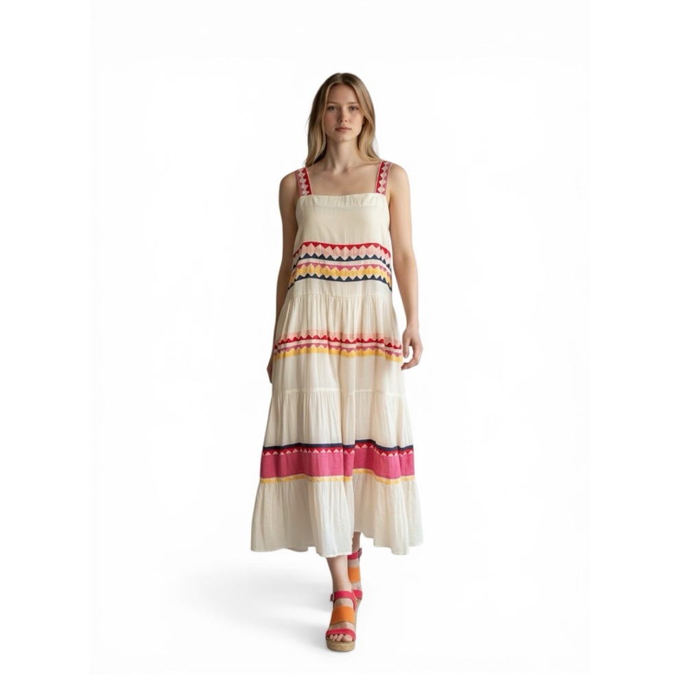 Carolina K Embroidered Maxi Dress S Boho Trapeze Tiered Sundress Festival Resort